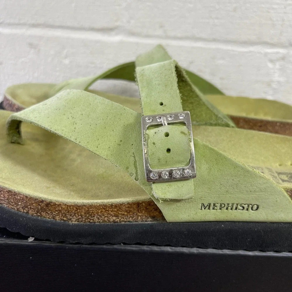 Mephisto Helen Sandals Lime Green‎ Nubuck Buckle Cork Slip On Womens 41 EU/11 US